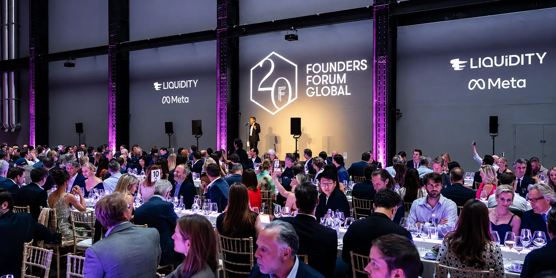 Founders Forum Global event dinner with delegates and keynote stage